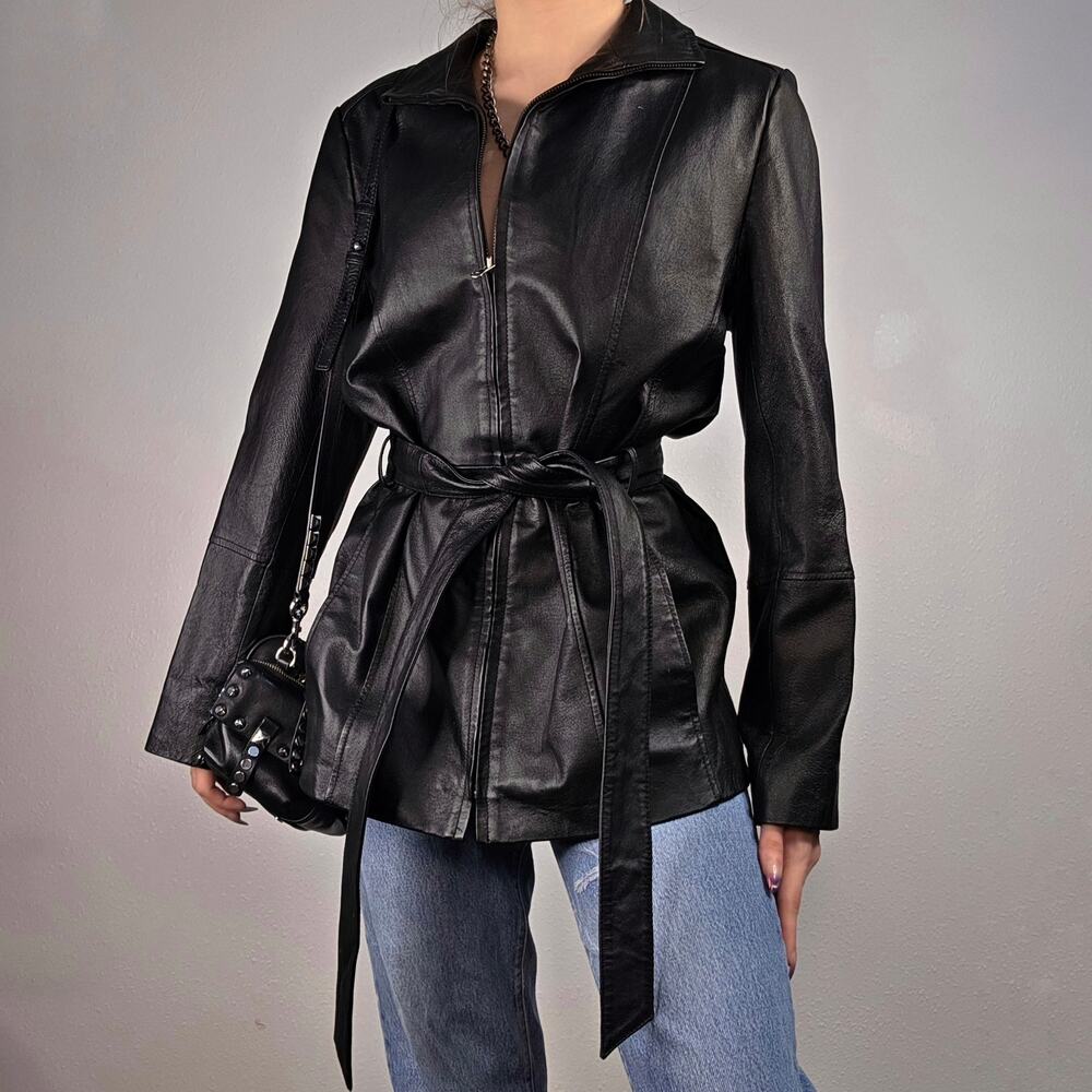 Leather Jacket Belt Black Longline Size Medium